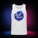 White Gildan 5200 tank top featuring the neon JSO three-headed wolf shield, front view