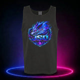Black Comfort Colors 9360 tank top featuring the neon JSO three-headed wolf shield, front view