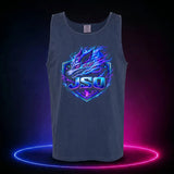 True Navy Comfort Colors 9360 tank top featuring the neon JSO three-headed wolf shield, front view