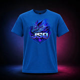 Royal Gildan Softstyle 64000 T-shirt featuring the neon JSO three-headed wolf shield, front view