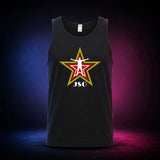 Black Gildan 5200 tank top featuring the red and gold JSO star with wrestler silhouette, front view