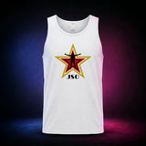 White Gildan 5200 tank top featuring the red and gold JSO star with wrestler silhouette, front view