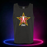 Black Comfort Colors 9360 tank top featuring the red and gold JSO star with wrestler silhouette, front view