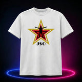White Comfort Colors 1717 T-shirt featuring the red and gold JSO star with wrestler silhouette, front view