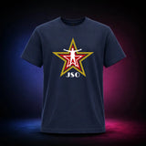 Navy Gildan Softstyle 64000 T-shirt featuring the red and gold JSO star with wrestler silhouette, front view