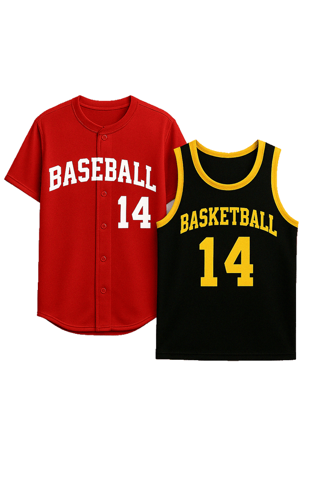 Transparent PNG mockup featuring a red baseball jersey with white “BASEBALL 14” text alongside a black-and-yellow basketball tank with “BASKETBALL 14” branding.