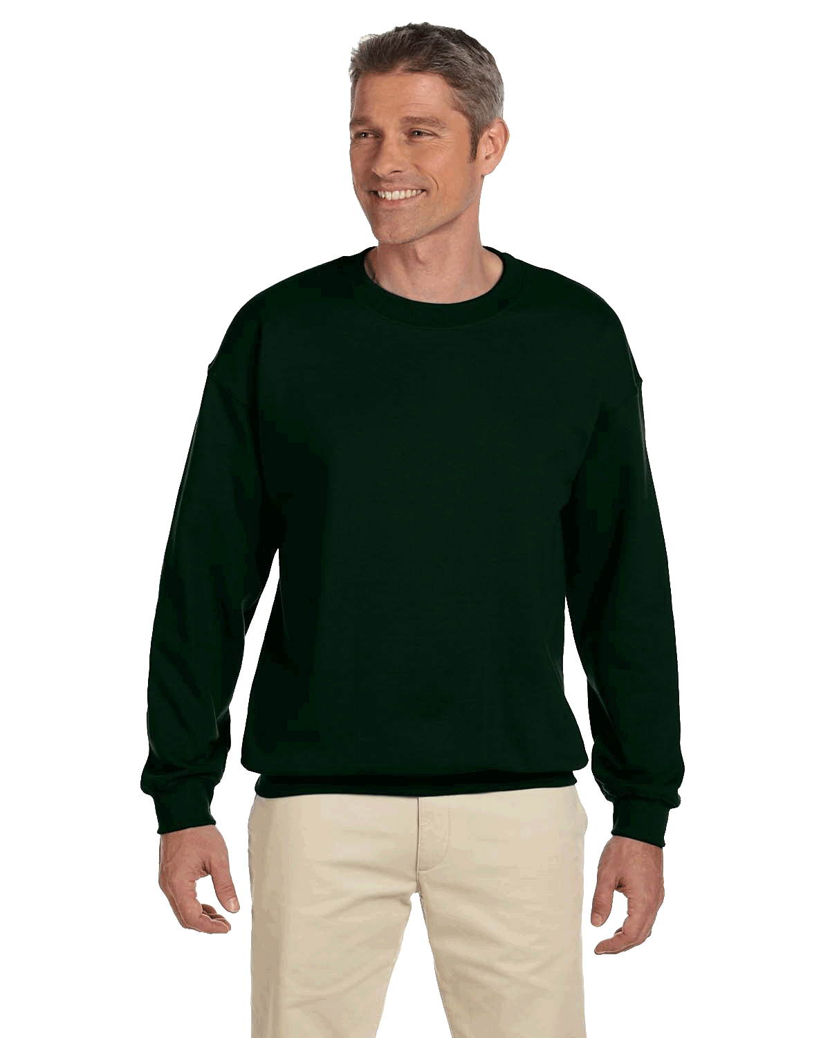 Man wearing a Jerzees Adult Super Sweats NuBlend Fleece Crew in Forest Green.