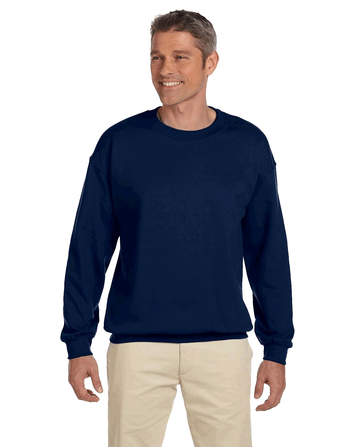 Man wearing a Jerzees Adult Super Sweats NuBlend Fleece Crew in JNavy.