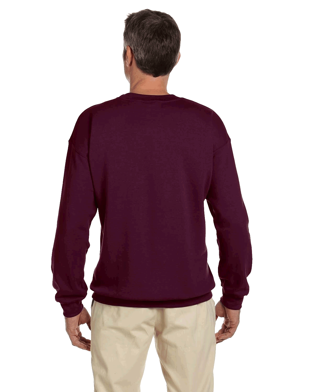 Rear view of a man wearing a Jerzees Adult Super Sweats NuBlend Fleece Crew in Maroon.