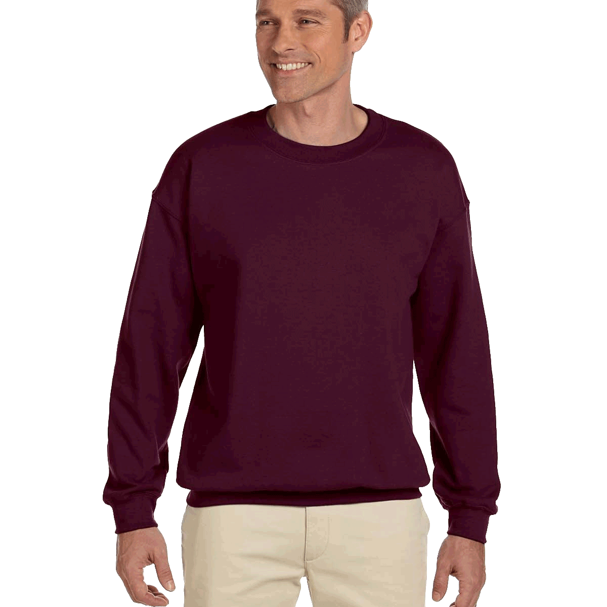 Man wearing a Jerzees Adult Super Sweats NuBlend Fleece Crew in Maroon.