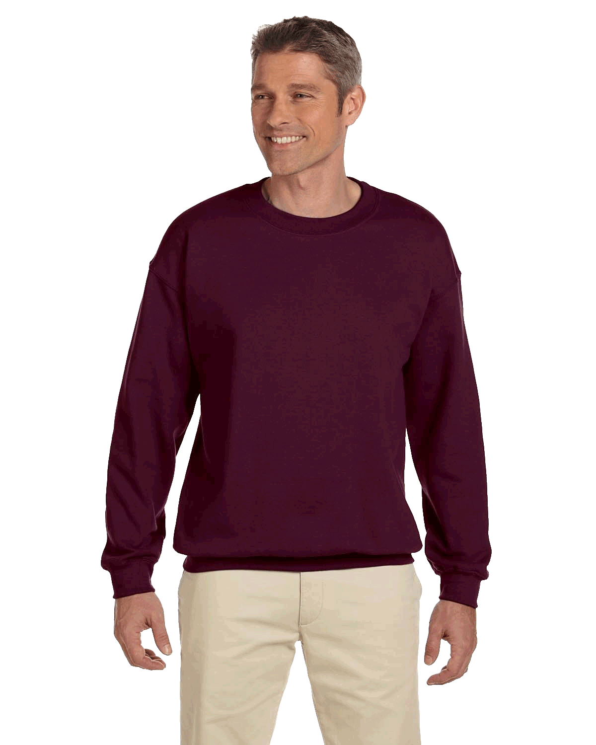 Man wearing a Jerzees Adult Super Sweats NuBlend Fleece Crew in Maroon.