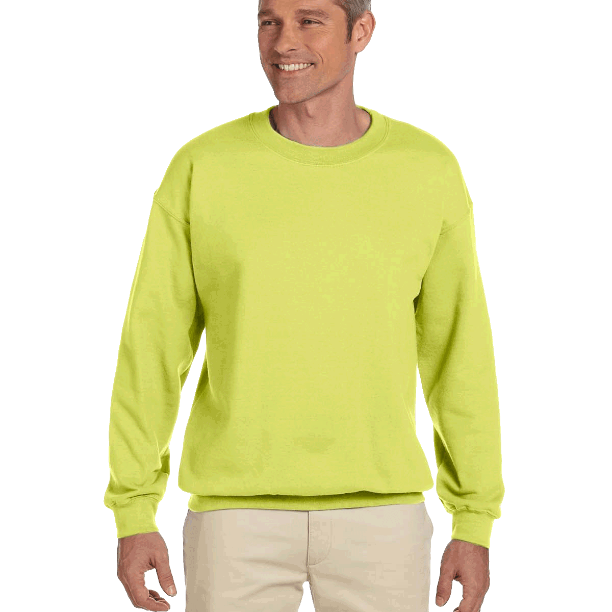 Man wearing a Jerzees Adult Super Sweats NuBlend Fleece Crew in Safety Green.