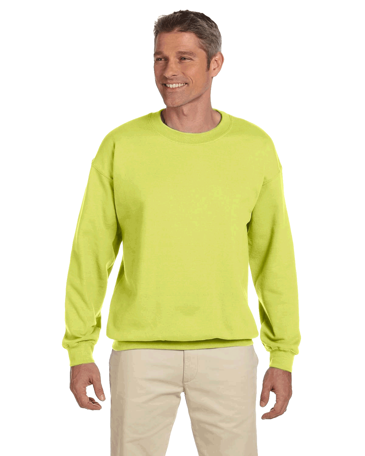 Man wearing a Jerzees Adult Super Sweats NuBlend Fleece Crew in Safety Green.