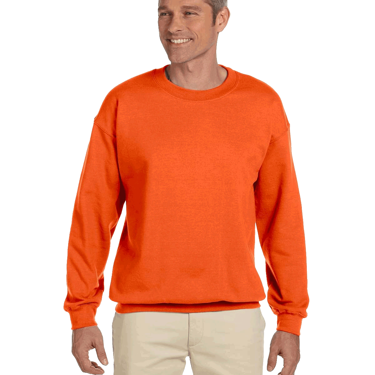 Man wearing a Jerzees Adult Super Sweats NuBlend Fleece Crew in Safety Orange.