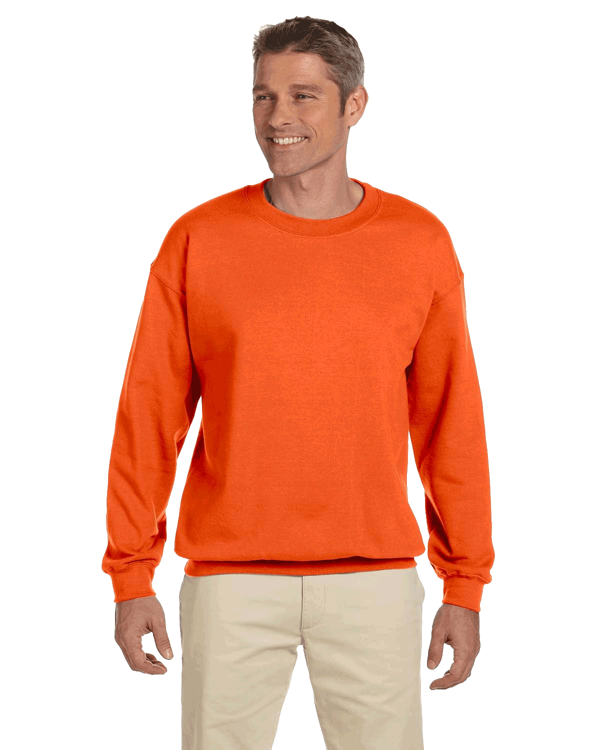 Man wearing a Jerzees Adult Super Sweats NuBlend Fleece Crew in Safety Orange.