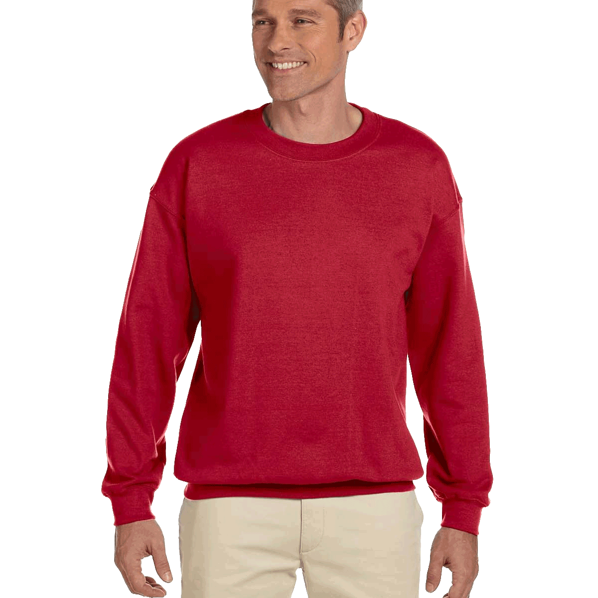 Man wearing a Jerzees Adult Super Sweats NuBlend Fleece Crew in True Red.