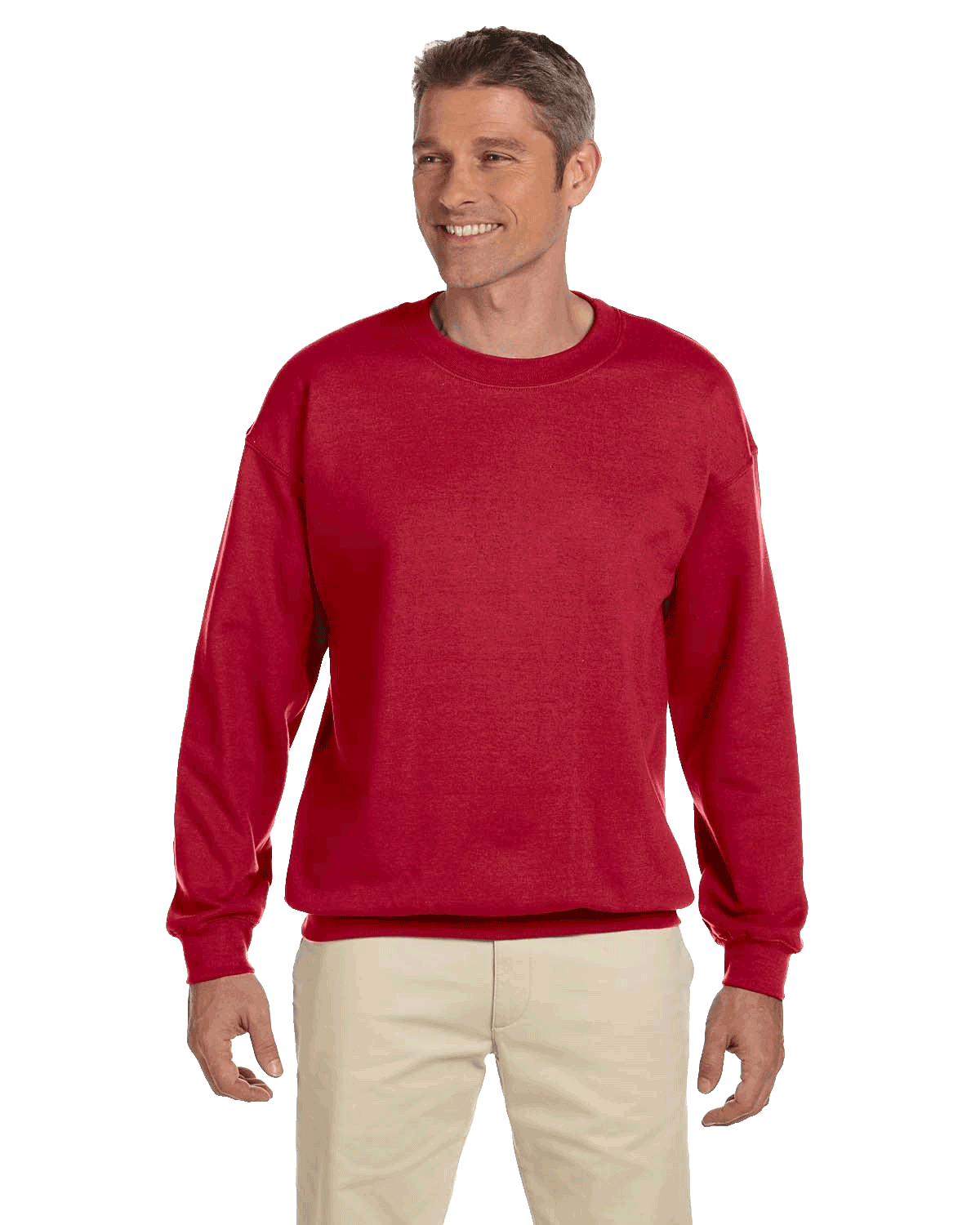 Man wearing a Jerzees Adult Super Sweats NuBlend Fleece Crew in True Red.