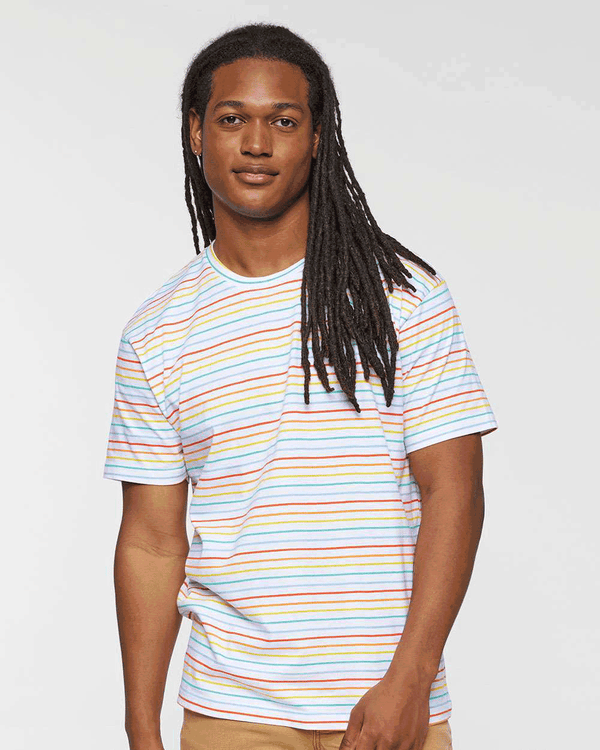 Rainbow stripe crewneck t-shirt on model, soft cotton blank ready for custom apparel printing and screen-printing