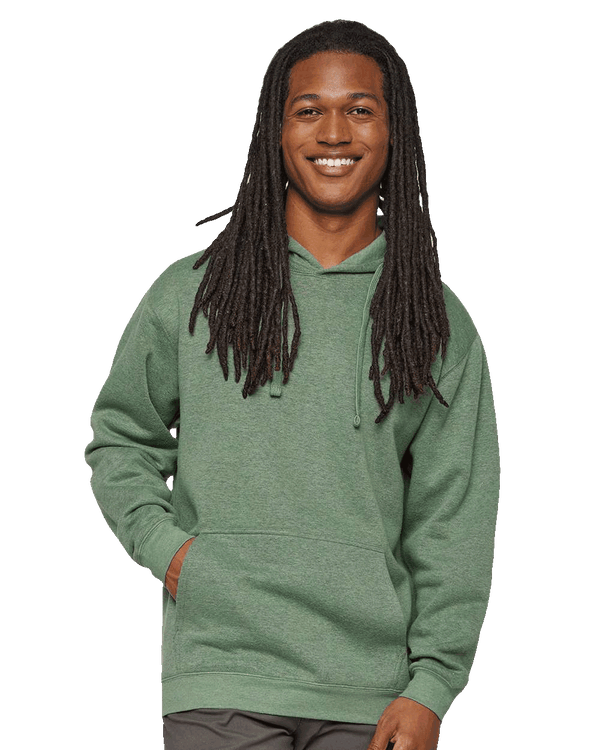 Men’s heather green pullover hoodie featuring a relaxed fit, drawstrings, and front pouch pocket for custom apparel printing.