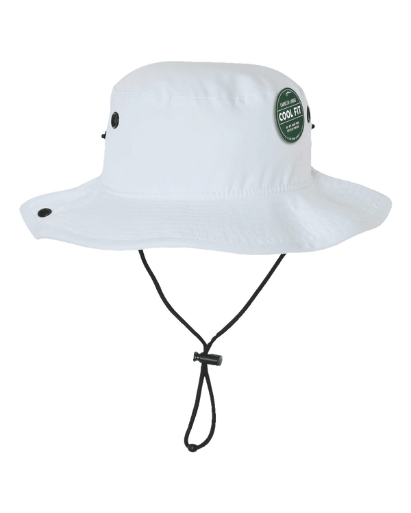 LEGACY White “Cool Fit” UPF sun bucket hat with wide stitched brim, side vent eyelets, branded size sticker and adjustable chin cord on transparent background.