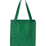 Dark green reusable shopping tote with long handles and boxy design