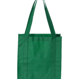 Dark green reusable shopping tote with long handles and boxy design