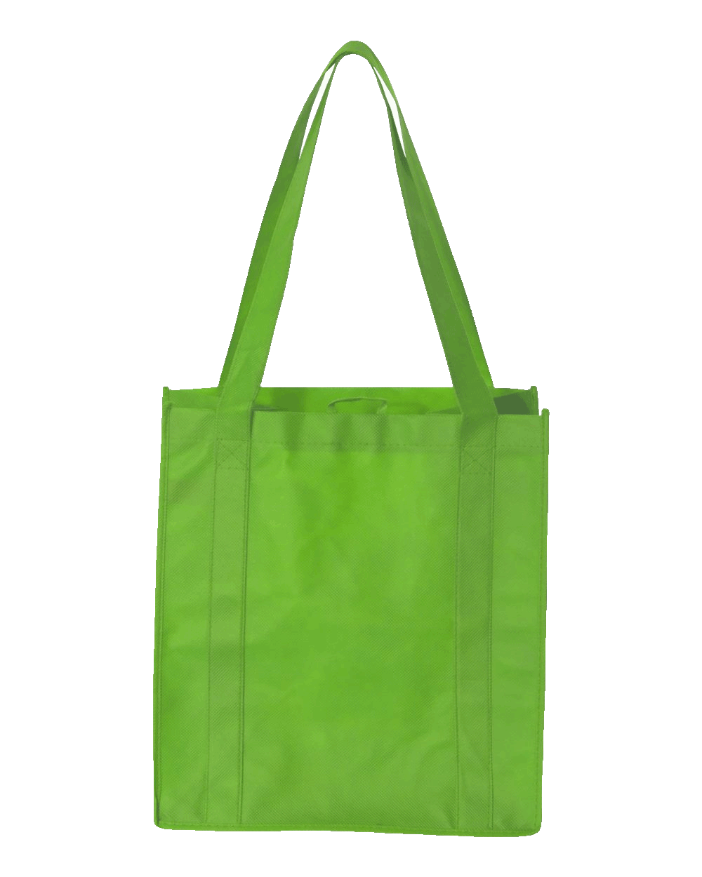 Bright green reusable tote bag with reinforced handles and boxy structure