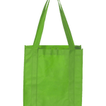 Bright green reusable tote bag with reinforced handles and boxy structure