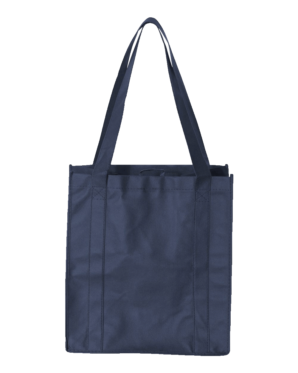 Reusable navy blue tote bag with reinforced handles and stitched seams