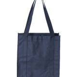 Reusable navy blue tote bag with reinforced handles and stitched seams