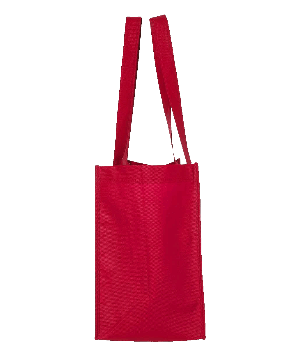 Slim red reusable tote bag shown from the side, long handles and boxed bottom, ideal for eco-friendly grocery or promo use