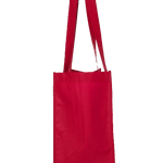 Slim red reusable tote bag shown from the side, long handles and boxed bottom, ideal for eco-friendly grocery or promo use