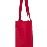 Slim red reusable tote bag shown from the side, long handles and boxed bottom, ideal for eco-friendly grocery or promo use