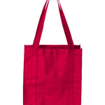 Bright red reusable shopping tote bag with reinforced handles and durable stitching