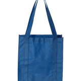 Royal blue reusable tote bag with long handles and reinforced seams