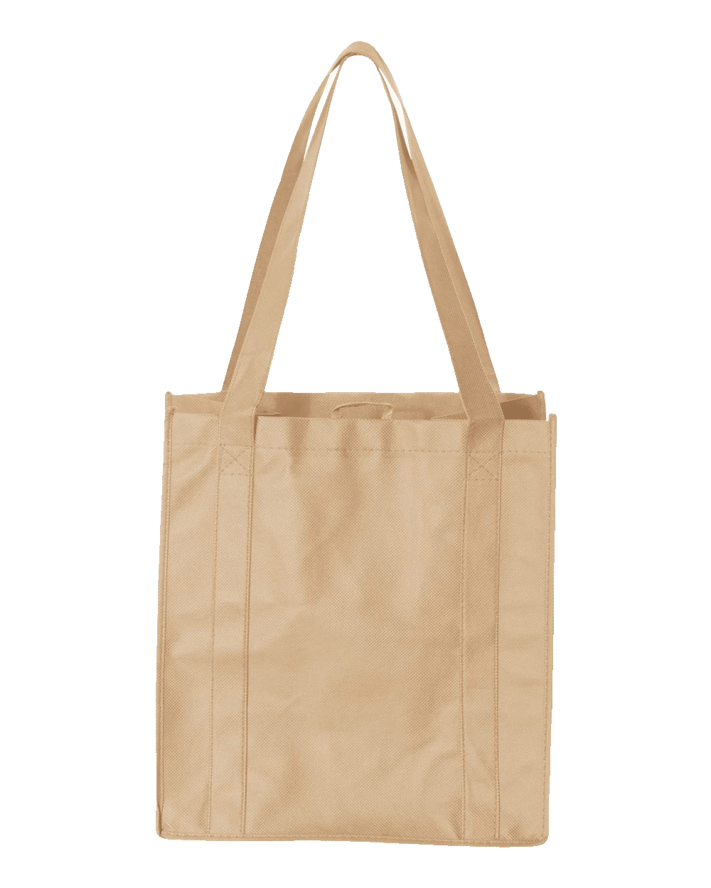 Tan reusable shopping tote bag with durable handles and reinforced stitching