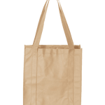 Tan reusable shopping tote bag with durable handles and reinforced stitching