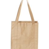 Tan reusable shopping tote bag with durable handles and reinforced stitching