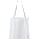 White reusable tote bag with long handles and reinforced seams for everyday use
