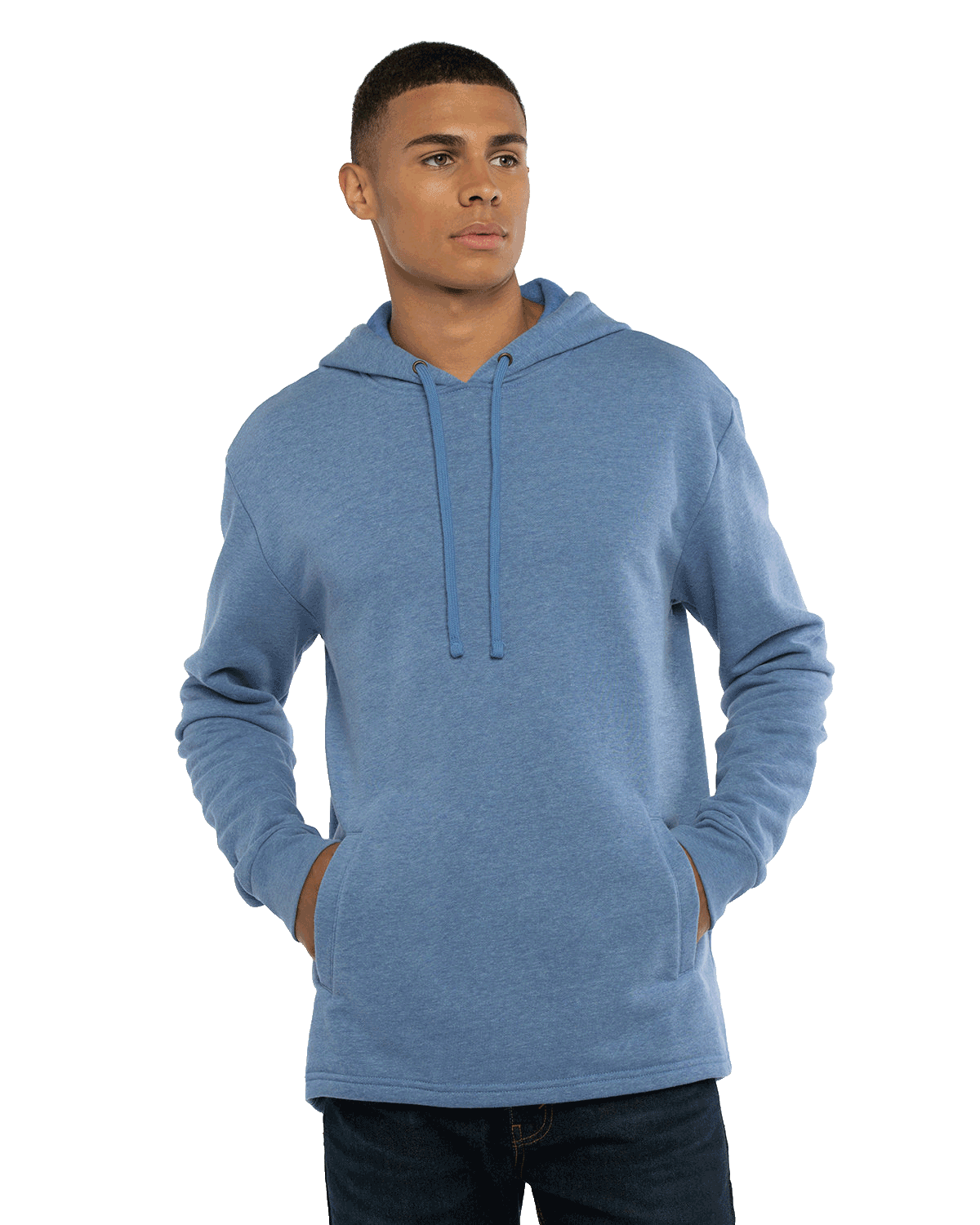 Man modeling a Next Level Apparel Adult PCH Pullover Hoodie in Heather Bay Blue