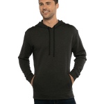 Man modeling a Next Level Apparel Adult PCH Pullover Hoodie in Heather Black