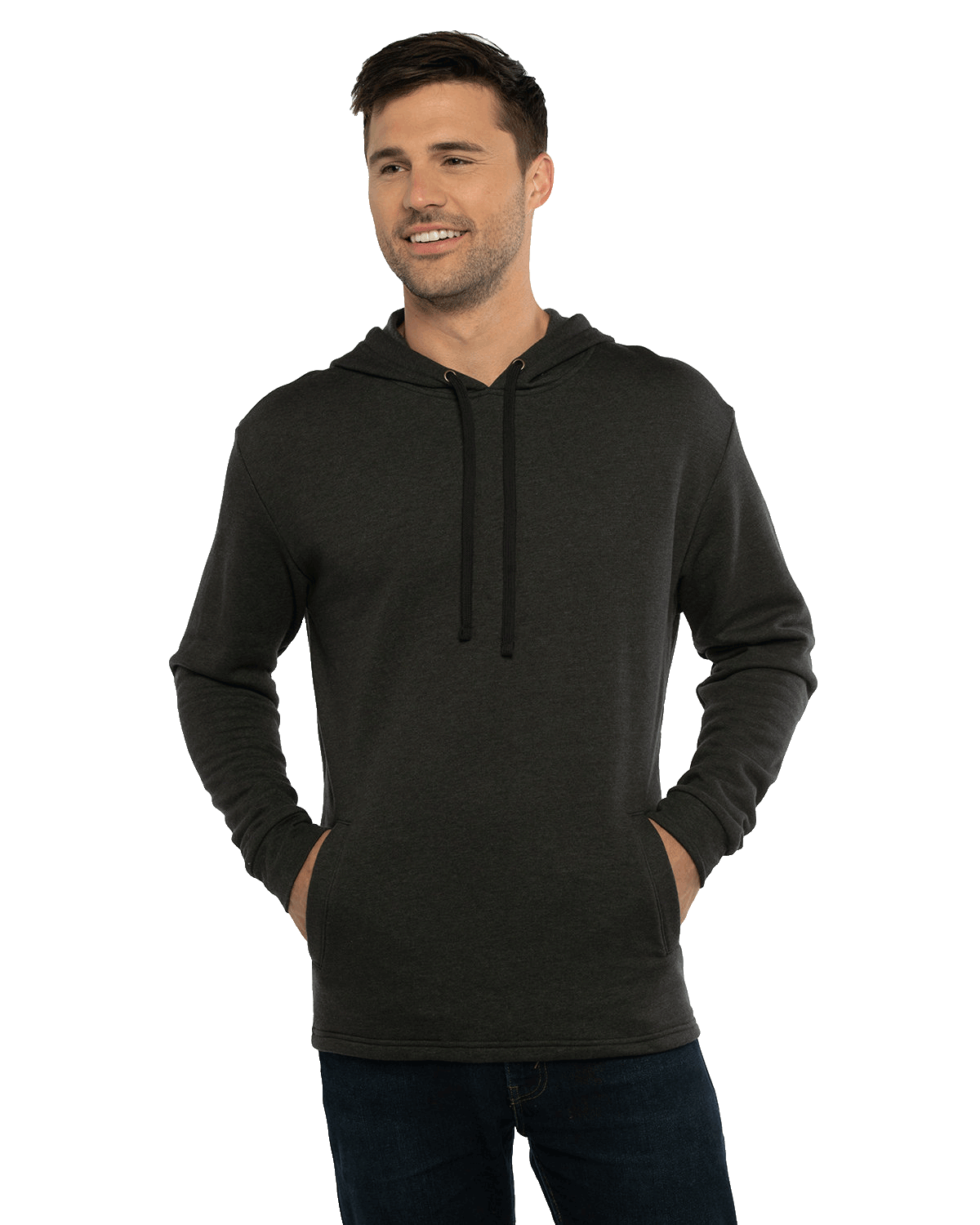 Man modeling a Next Level Apparel Adult PCH Pullover Hoodie in Heather Black