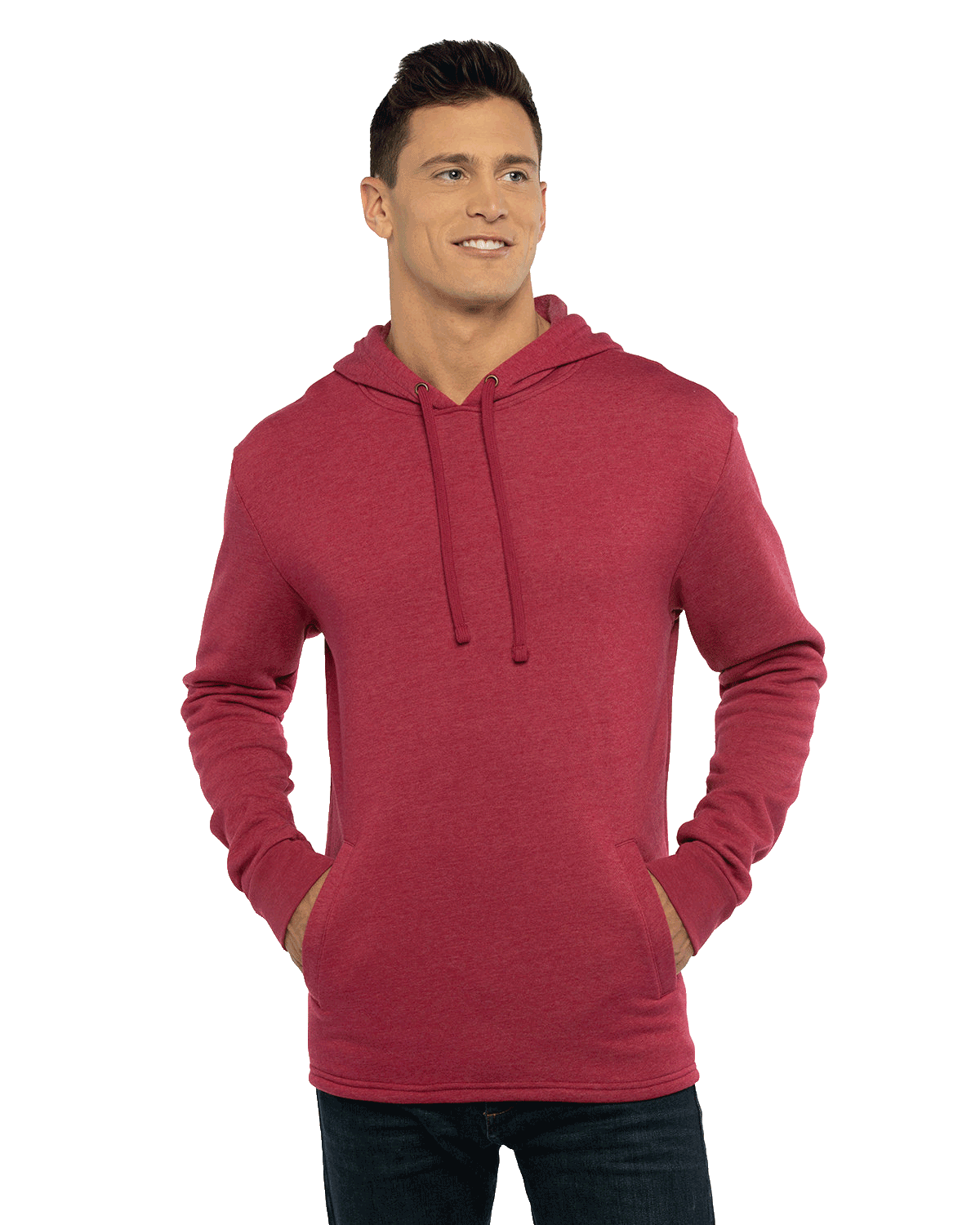 Man modeling a Next Level Apparel Adult PCH Pullover Hoodie in Heather Cardinal