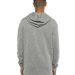 Rear view of a man wearing a Next Level Apparel Adult PCH Pullover Hoodie in Heather Gray