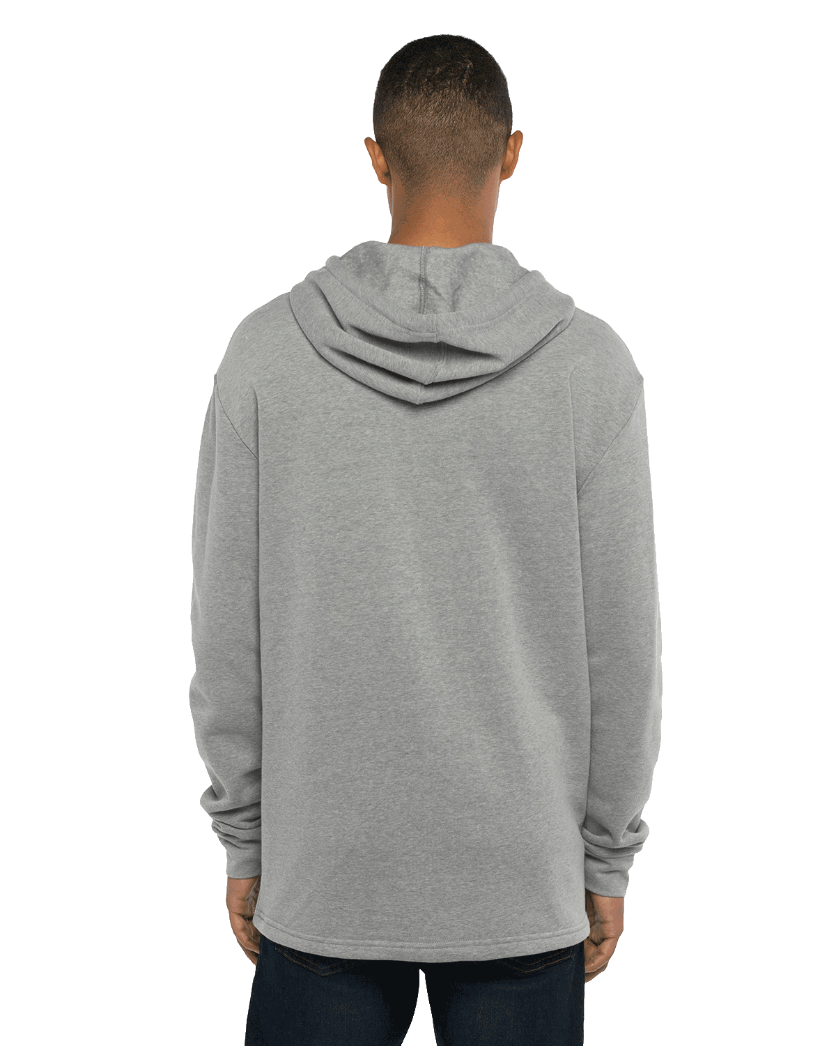 Rear view of a man wearing a Next Level Apparel Adult PCH Pullover Hoodie in Heather Gray