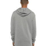 Rear view of a man wearing a Next Level Apparel Adult PCH Pullover Hoodie in Heather Gray