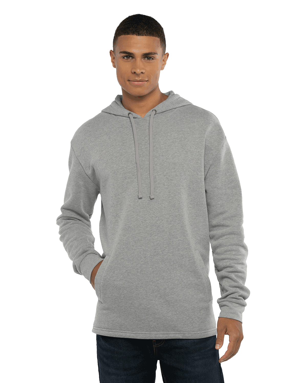 Man wearing a Next Level Apparel Adult PCH Pullover Hoodie in Heather Gray