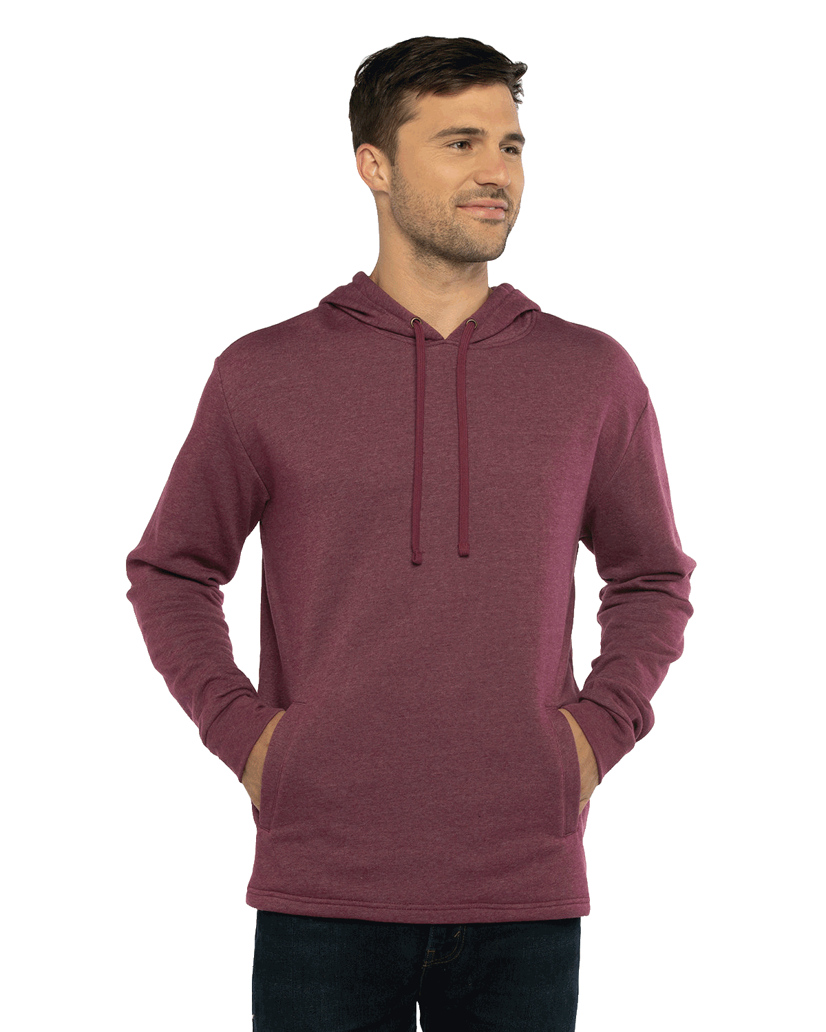 Man modeling a Next Level Apparel Adult PCH Pullover Hoodie in Heather Maroon