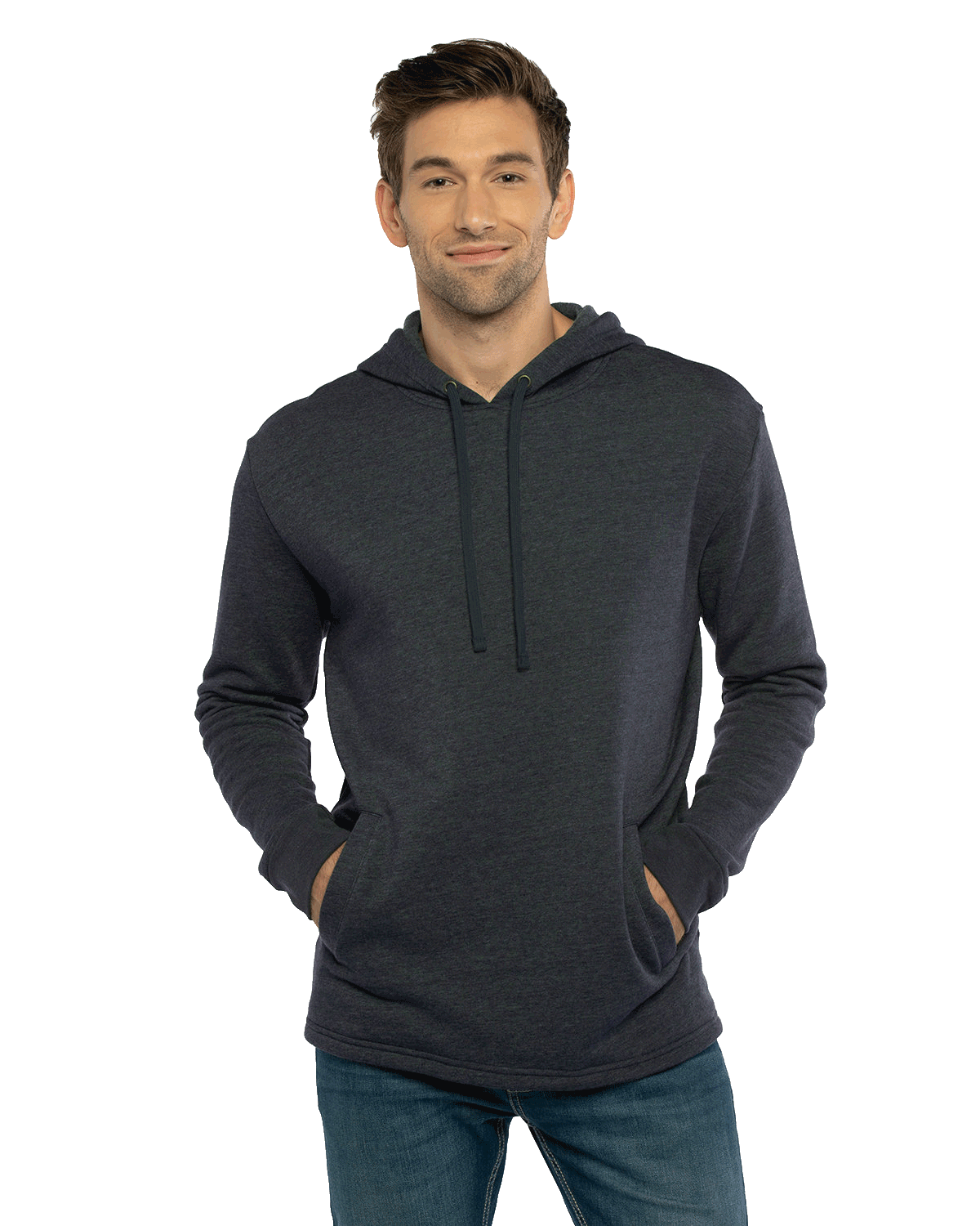 Man modeling a Next Level Apparel Adult PCH Pullover Hoodie in Heather Midnight Navy