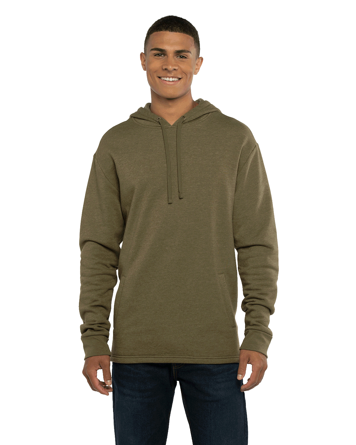 Man modeling a Next Level Apparel Adult PCH Pullover Hoodie in Heather Military Green